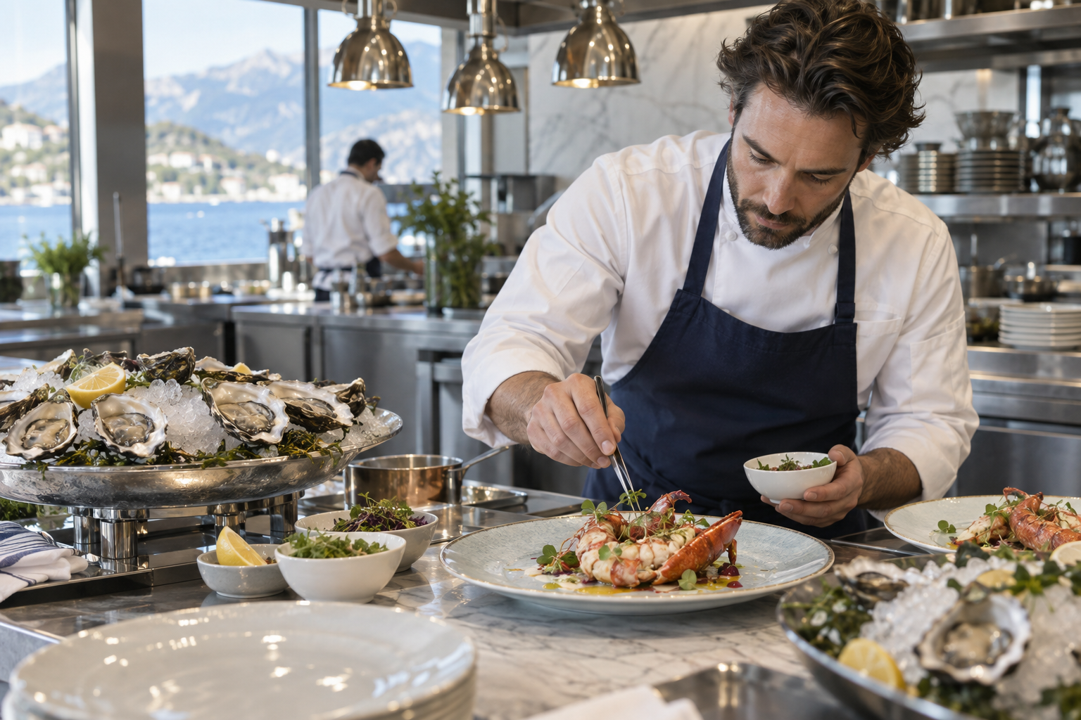Chef preparing premium seafood in a professional kitchen