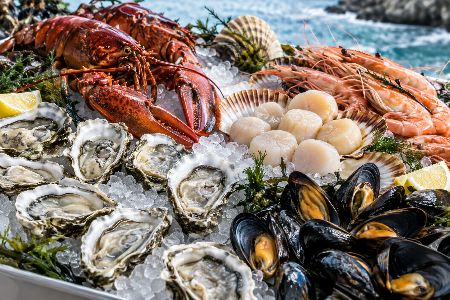 Premium oysters, lobster and shellfish on ice